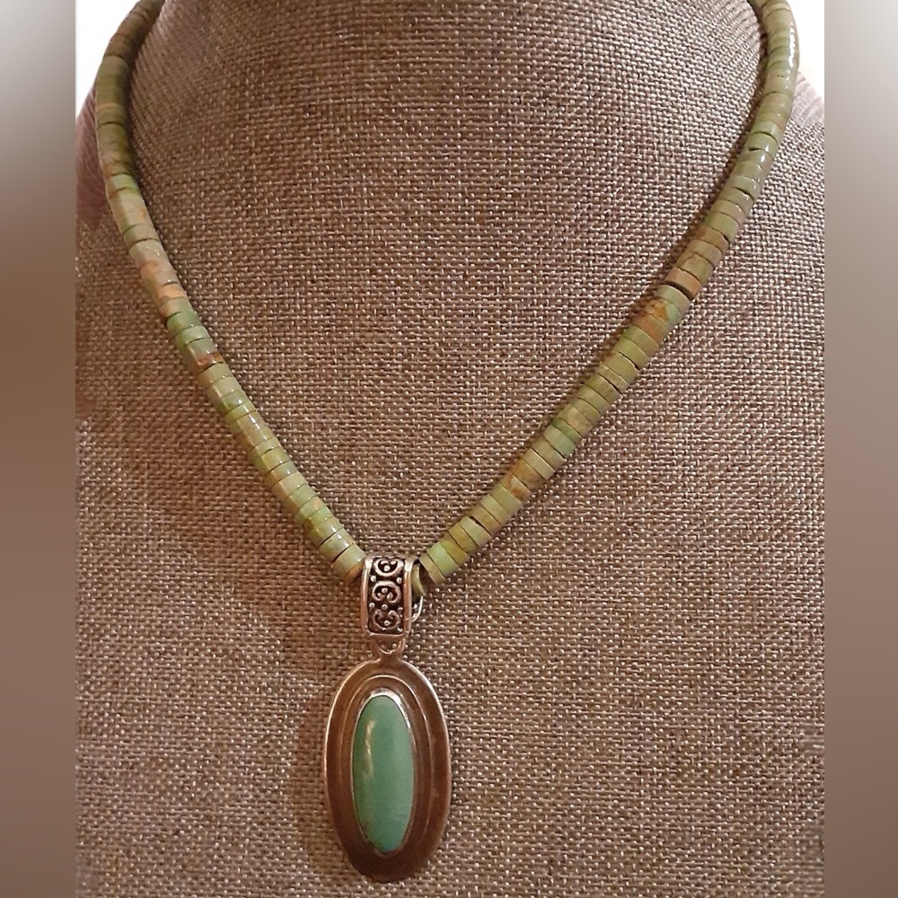 Native American Ronald Chavez Green Turquoise Sterling Silver Pendant Necklace